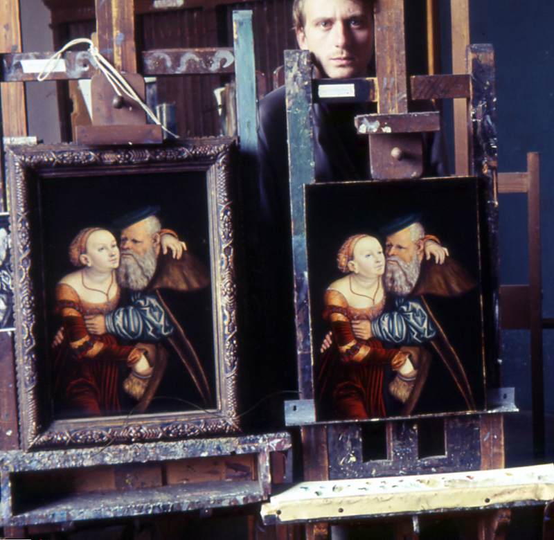 Framed Old Master paraphrases displayed on easels