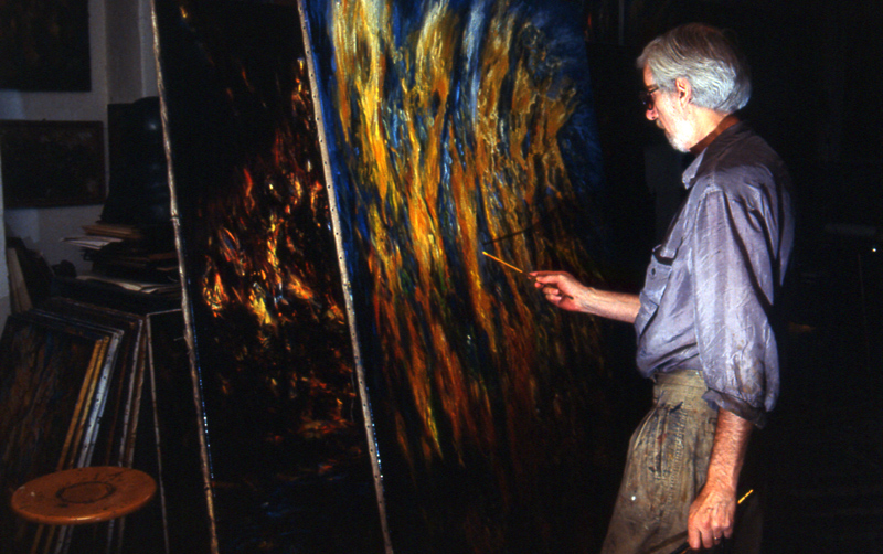 Hans Praetterhoffer inspecting a large painting in the studio