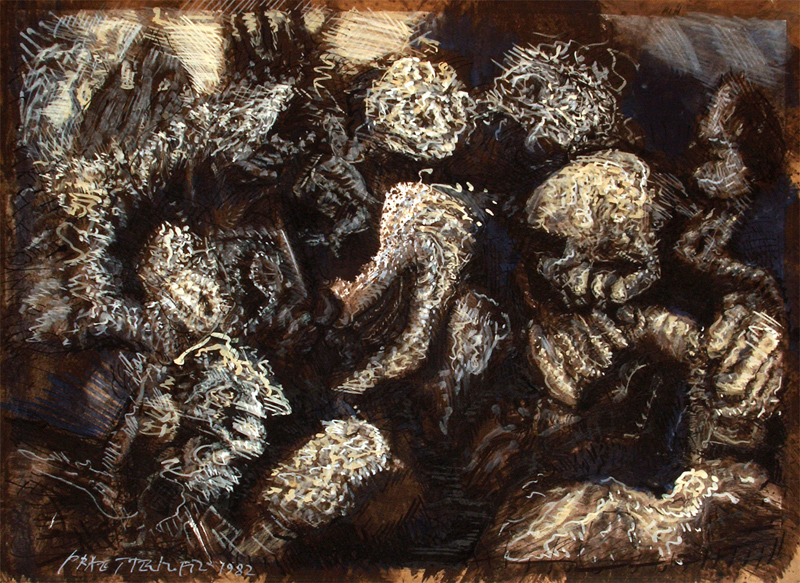 Close view of an expressive painting with clustered figures