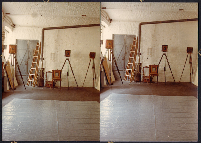 Stereoscopic view of canvases and easels in the studio